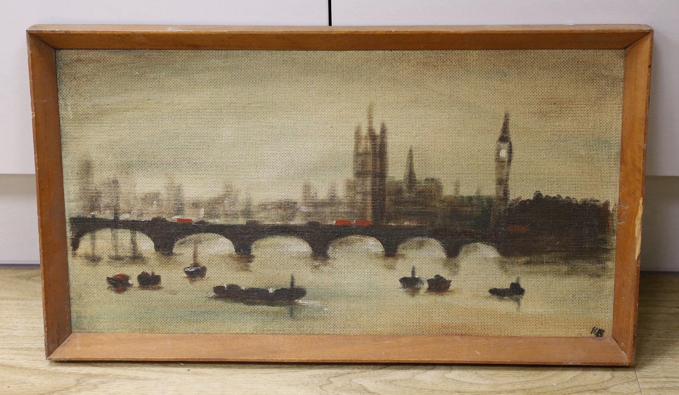 Manner of Tony Klitz, oil on board, Westminster Palace from the river, initialled, 29 x 54cm